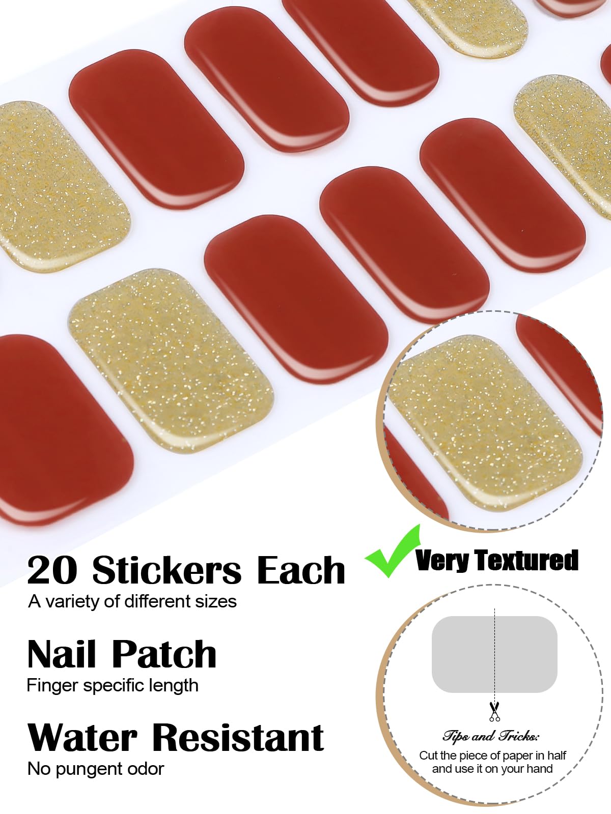 EBANKU Cured Gel Nail Strips, 20Pcs Red Glitter Gradient Gel Nail Polish Stickers for Women Girls, Salon Quality Gel Nail Wraps with Nail File and Stick （UV/LED Lamp Required）