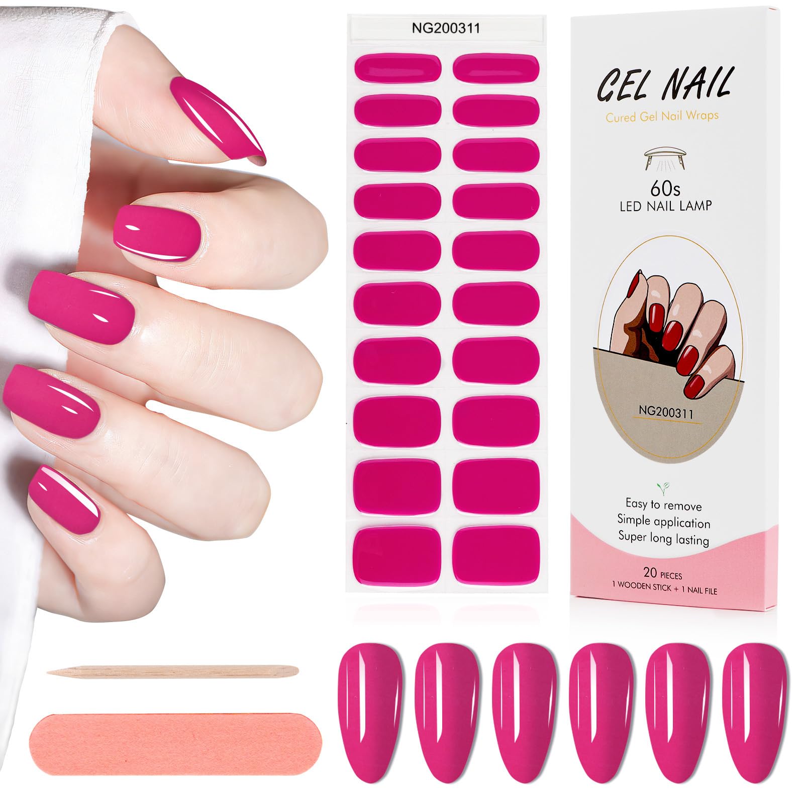 Kalolary 20PCS Semi Cured Gel Nail Polish Strips, Wine Red Adhesive Full Wrap Gel Nail Art Sticker, Waterproof Gel Nail Wrap Stickers with Nail File and Stick（UV/LED Lamp Required）