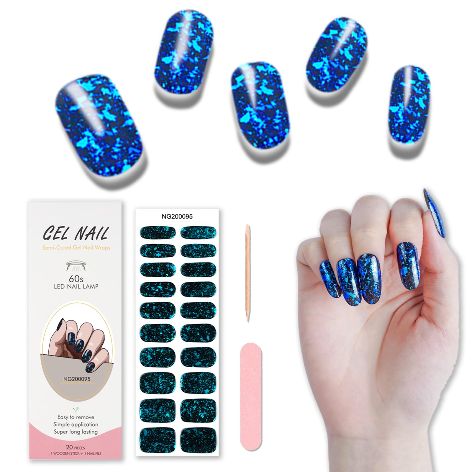 20pcs Semi Cured Gel Nail Strips, Real Nail Polish Art Stickers, Love Adhesive Full Wrap Gel Nail, Waterproof Gel Nail Wrap Stickers with Nail File and Stick（UV/LED Light Required）