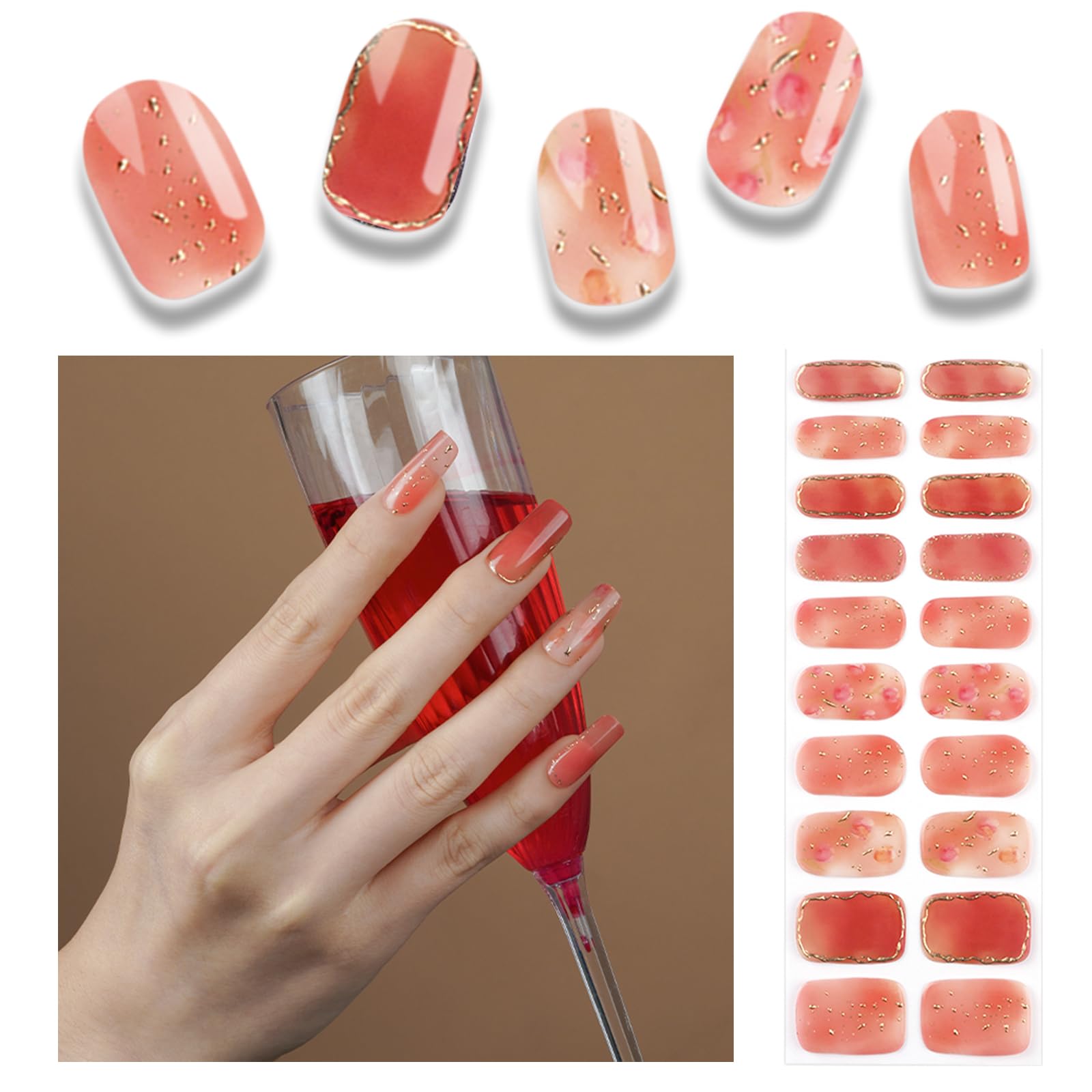 20pcs Semi Cured Gel Nail Strips, Real Nail Polish Art Stickers, Love Adhesive Full Wrap Gel Nail, Waterproof Gel Nail Wrap Stickers with Nail File and Stick（UV/LED Light Required）