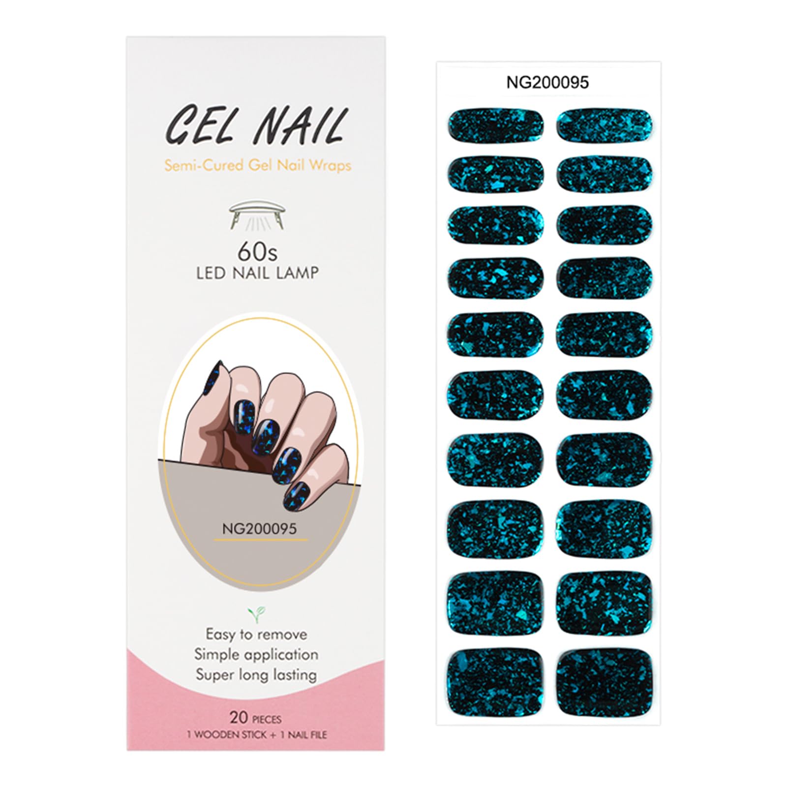 20pcs Semi Cured Gel Nail Strips, Real Nail Polish Art Stickers, Love Adhesive Full Wrap Gel Nail, Waterproof Gel Nail Wrap Stickers with Nail File and Stick（UV/LED Light Required）