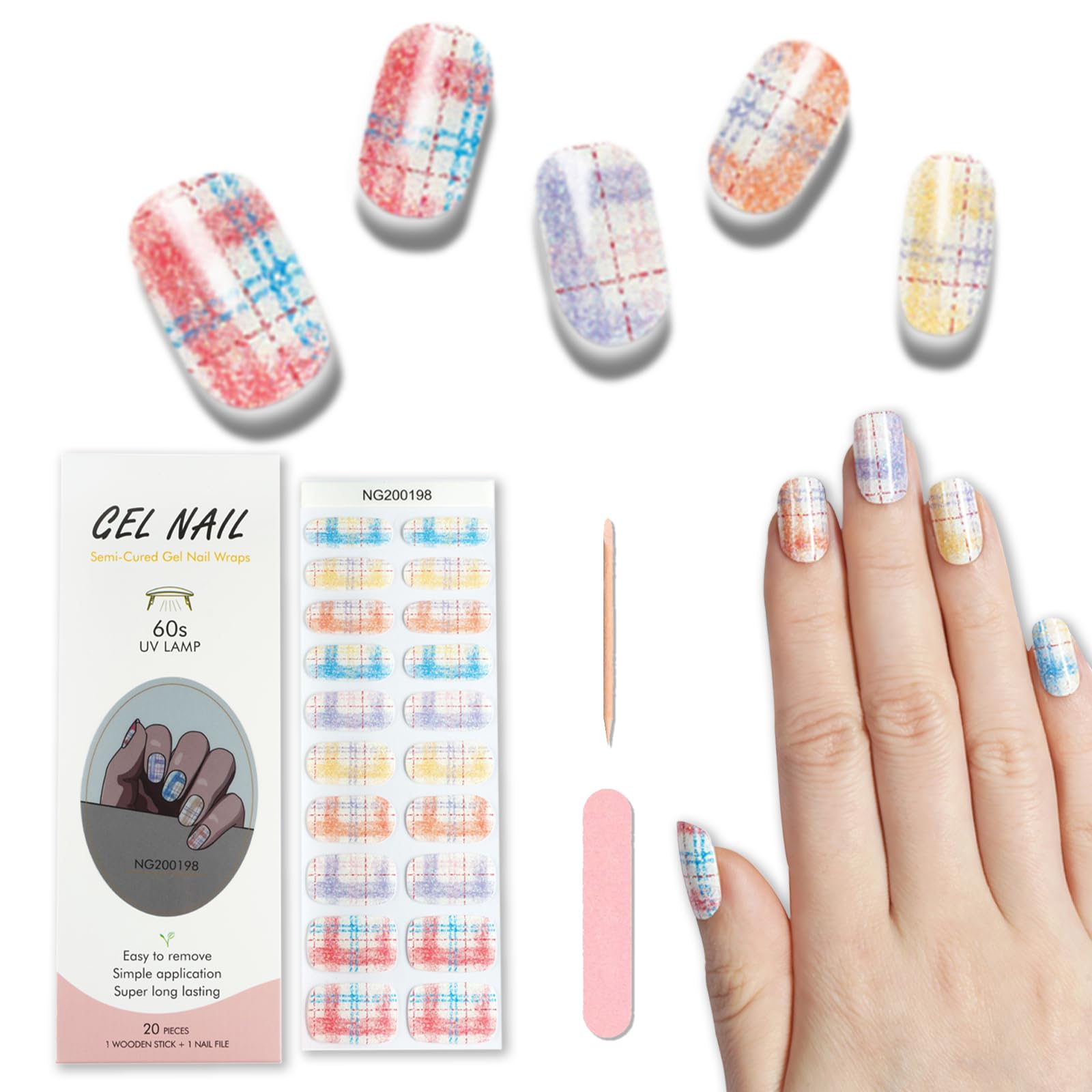 20pcs Semi Cured Gel Nail Strips, Real Nail Polish Art Stickers, Love Adhesive Full Wrap Gel Nail, Waterproof Gel Nail Wrap Stickers with Nail File and Stick（UV/LED Light Required）