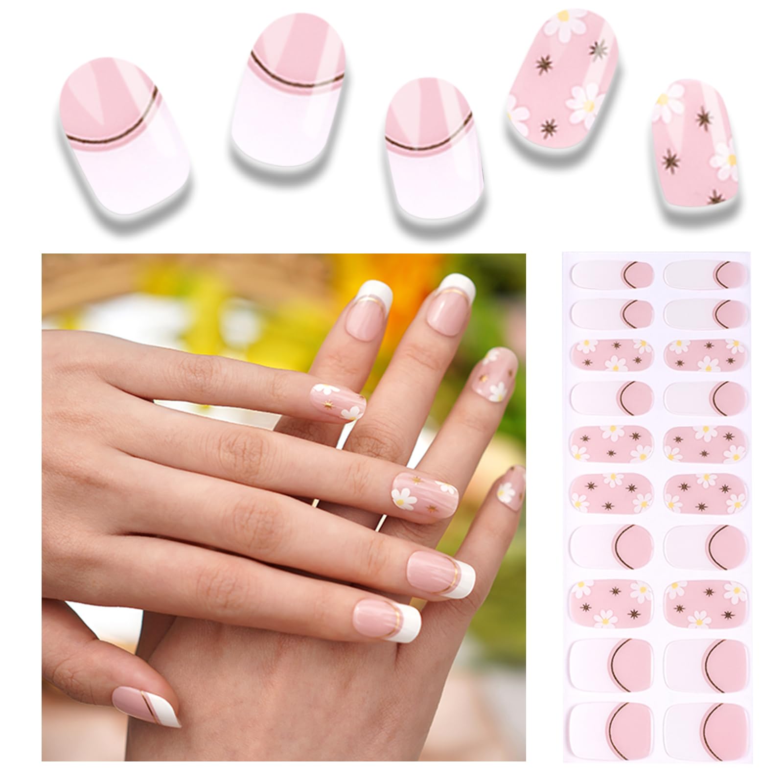 20pcs Semi Cured Gel Nail Strips, Real Nail Polish Art Stickers, Love Adhesive Full Wrap Gel Nail, Waterproof Gel Nail Wrap Stickers with Nail File and Stick（UV/LED Light Required）