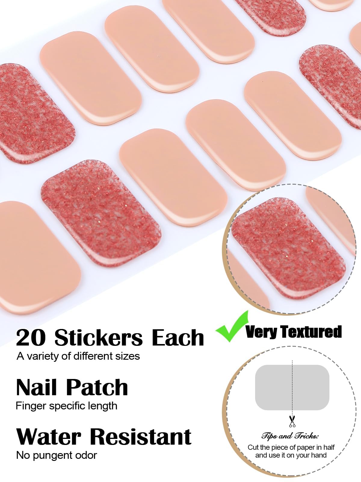 EBANKU Cured Gel Nail Strips, 20Pcs Red Glitter Gradient Gel Nail Polish Stickers for Women Girls, Salon Quality Gel Nail Wraps with Nail File and Stick （UV/LED Lamp Required）