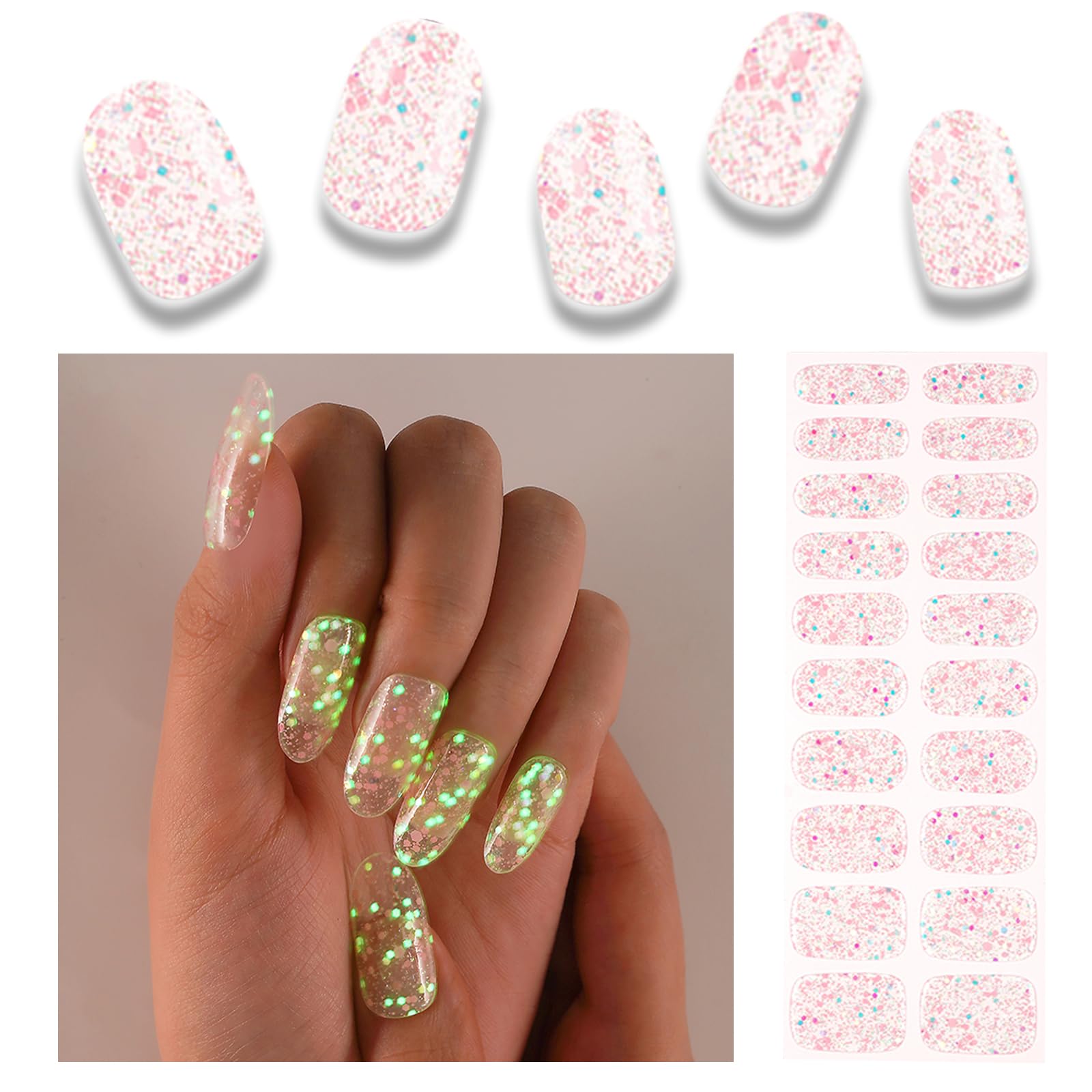 20pcs Semi Cured Gel Nail Strips, Real Nail Polish Art Stickers, Love Adhesive Full Wrap Gel Nail, Waterproof Gel Nail Wrap Stickers with Nail File and Stick（UV/LED Light Required）