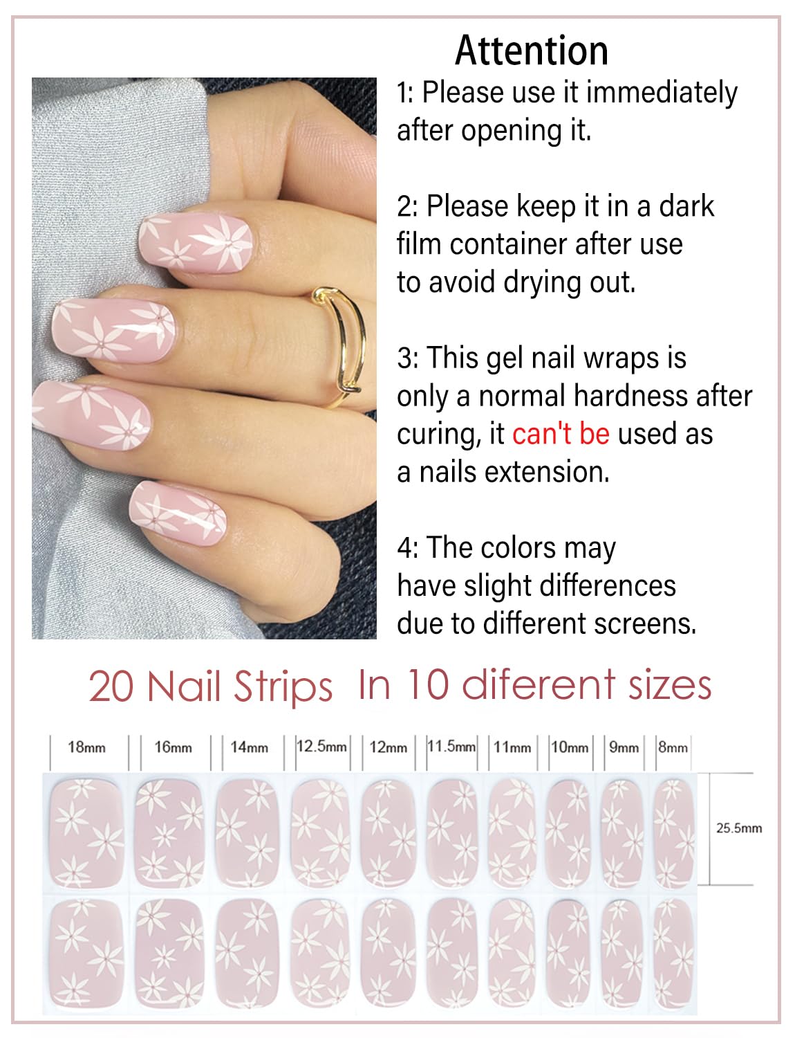 Semi Cured Gel Nail Strips - French Pink Flower Hydrangea Nail Wraps, 20pcs, UV Ready for DIY Nails