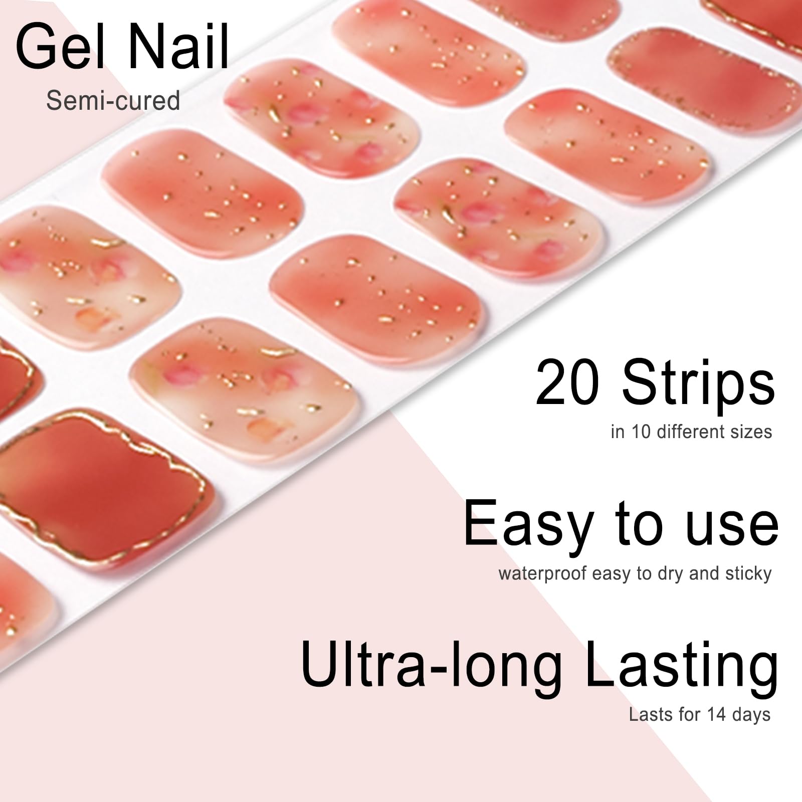 20pcs Semi Cured Gel Nail Strips, Real Nail Polish Art Stickers, Love Adhesive Full Wrap Gel Nail, Waterproof Gel Nail Wrap Stickers with Nail File and Stick（UV/LED Light Required）