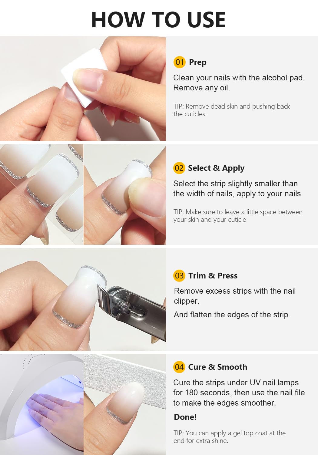 Semi Cured Gel Nail Strips (Clear), Transparent, 20 Pcs Gel Nail Wraps, Stickers, UV Light Required, Salon Quality, Long Lasting