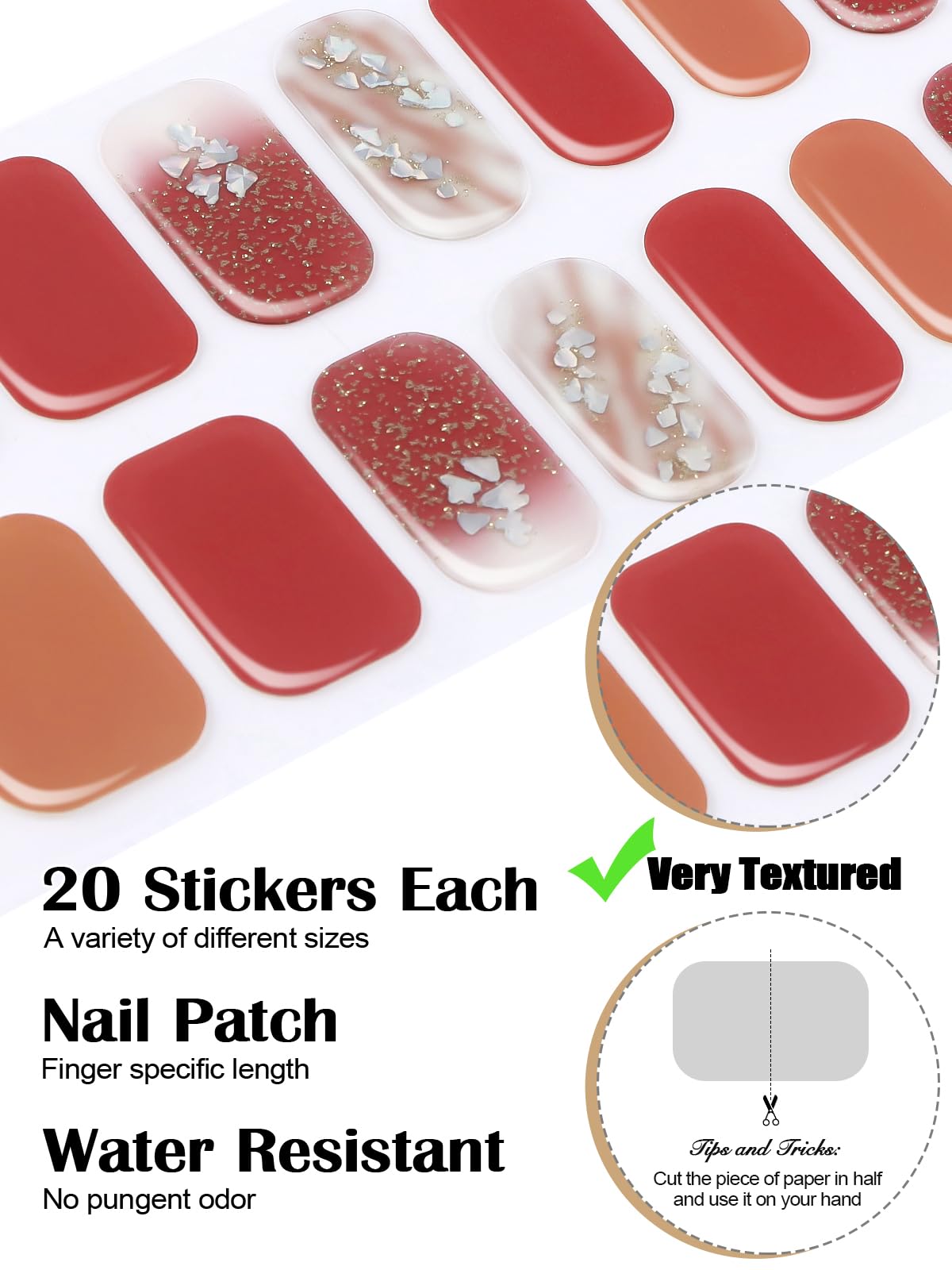 EBANKU Cured Gel Nail Strips, 20Pcs Red Glitter Gradient Gel Nail Polish Stickers for Women Girls, Salon Quality Gel Nail Wraps with Nail File and Stick （UV/LED Lamp Required）